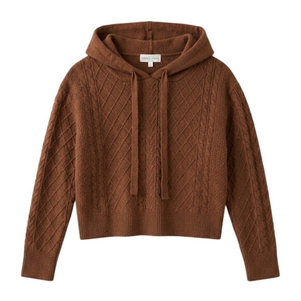 Hazel Moon Women's Brown Cable Knit‎ Cropped Hooded Pullover Sweater Size M